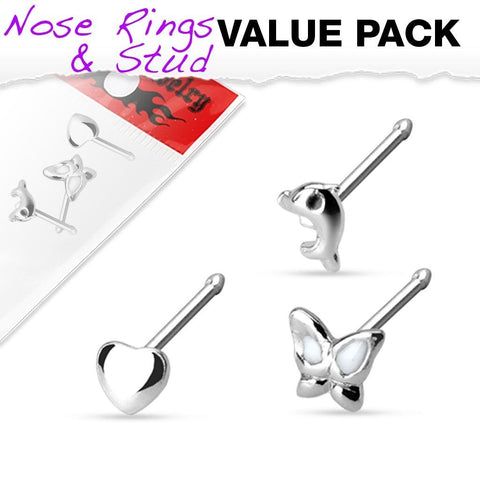 Nose Ring 20g 3 Pcs Dolphin Hear Butterfly .925 Sterling Silver Stud