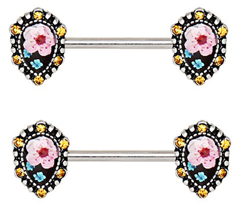 Nipple Rings 316L Stainless Steel Flower Teardrop Pendant Nipple Bar Pair