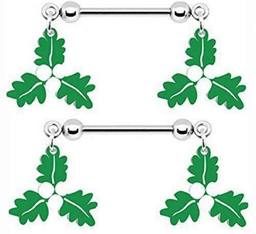 Body Accentz Nipple Shield Rings Barbell Mistletoe Sold as a Pair 14g Leaf and S
