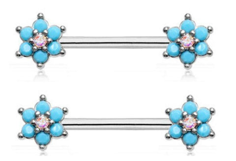 Body Accentz Nipple Shield Rings Turquoise Spring Flower Sparkle Prong Set Pair