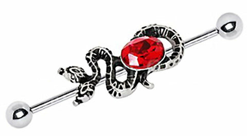 Body Accentz Industrial Barbell 316L Stainless Steel Two-Headed Snake Ruby Red C