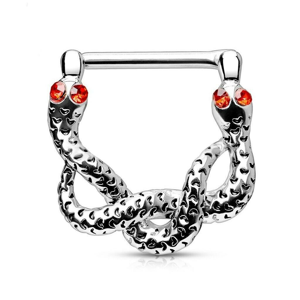 14G Red Gem Eyes Snakes 316L Surgical Steel Bar Nipple Clickers sold as a pair