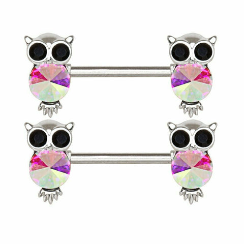Aurora Borealis Crystal Owl Nipple Barbell Bars - Sold as a Pair Nipplering