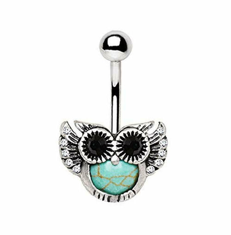 Belly Button Ring 316L Surgical Steel Turquoise Owl Navel Ring