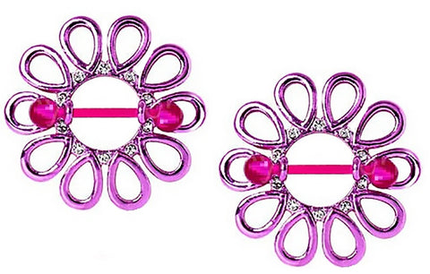 Nipple Rings PVD Plated Purple Gemmed Flower Shield BioFlex Bar Pair