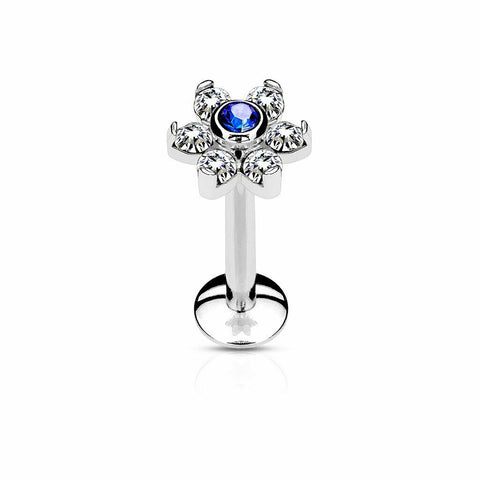 Surgical Steel Internally Threaded 6-Gem Flower Labret/Monroe/Cartilage Stud