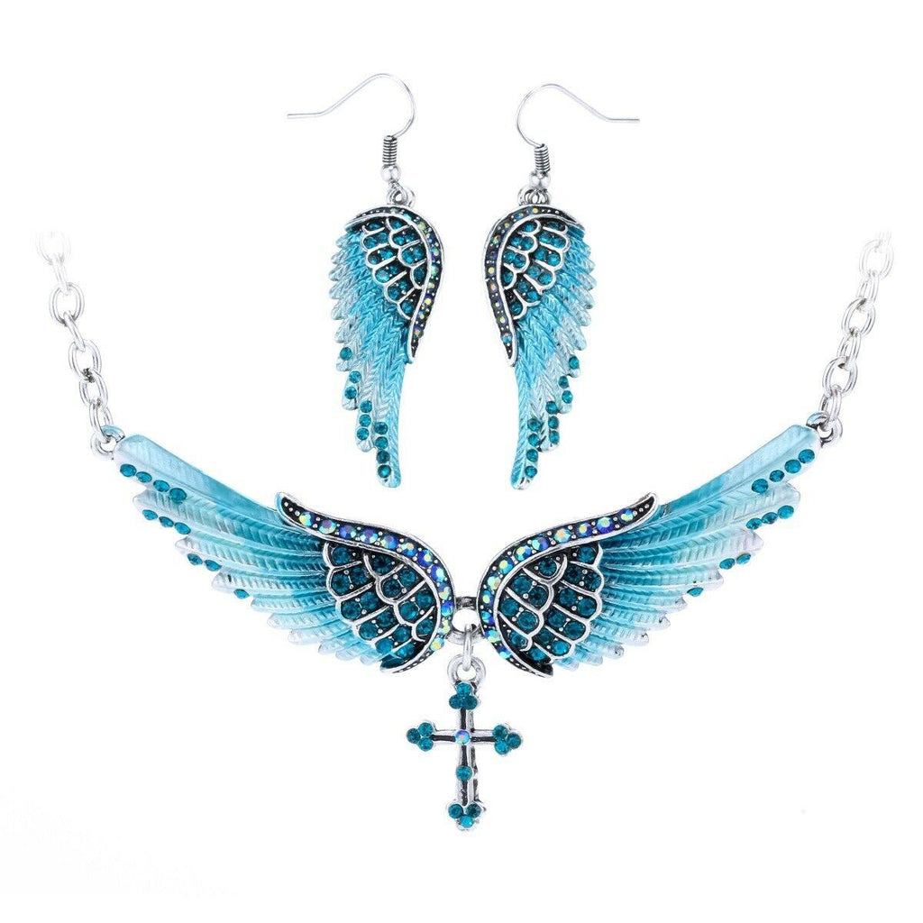 Yacq Angel Wing Cross Necklace Earrings Sets Women Biker Jewelry Birthday