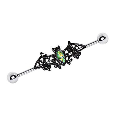 Industrial Barbell 316L Stainless Steel Black Bat Green Synthetic Opal 1 1/2