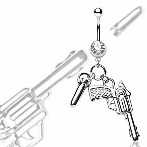 Belly Ring 316L Surgical Steel Navel Ring Pistol Gun and Bullet Dangle