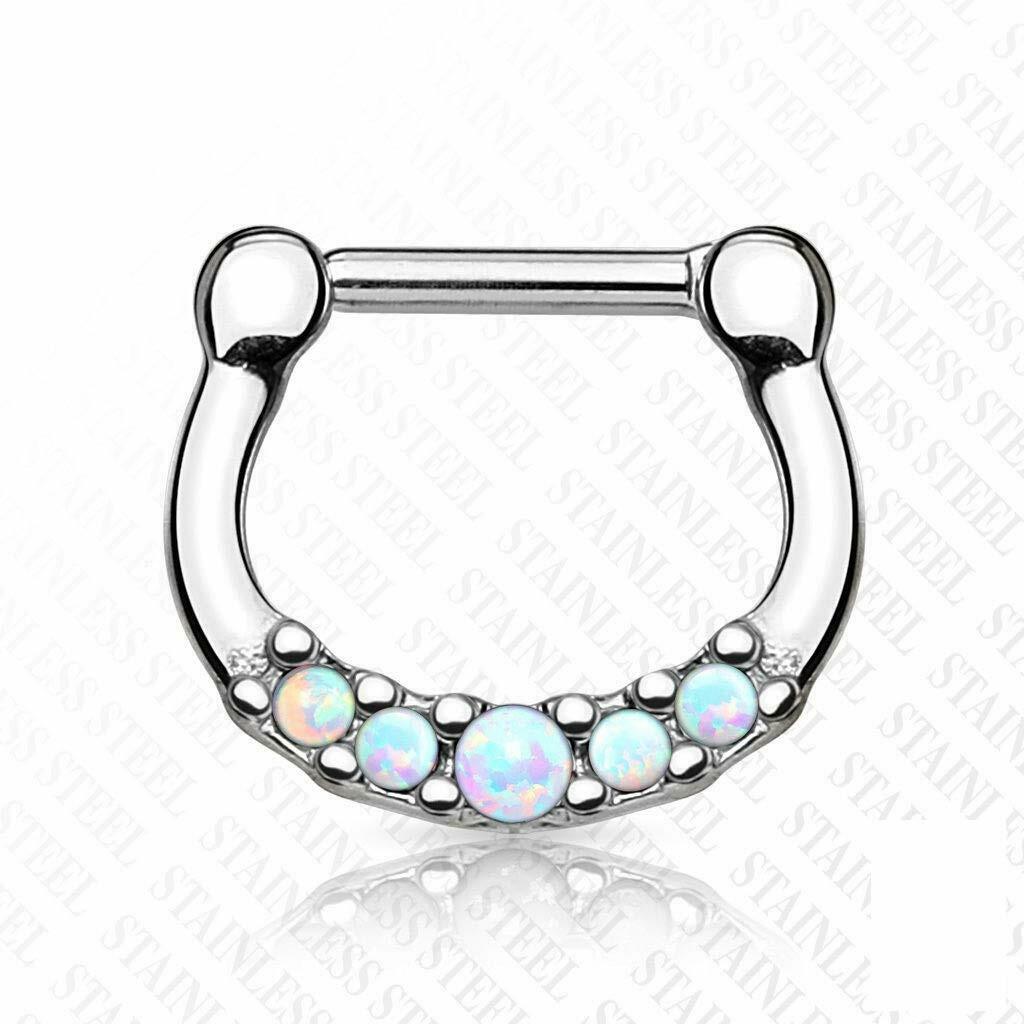 1 Pc White Five Synthetic Opal Set Surgical Steel Nose Ring Septum Clicker 16g