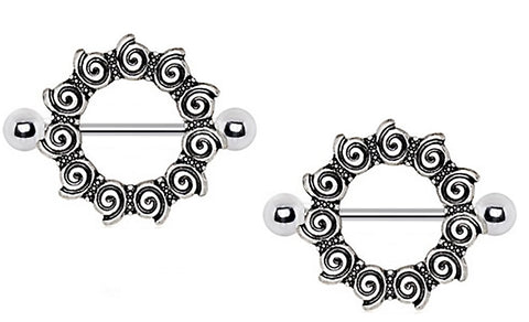 Nipple Rings 316L Stainless Steel Antique Tribal Multi-Spiral Nipple Shield Pair