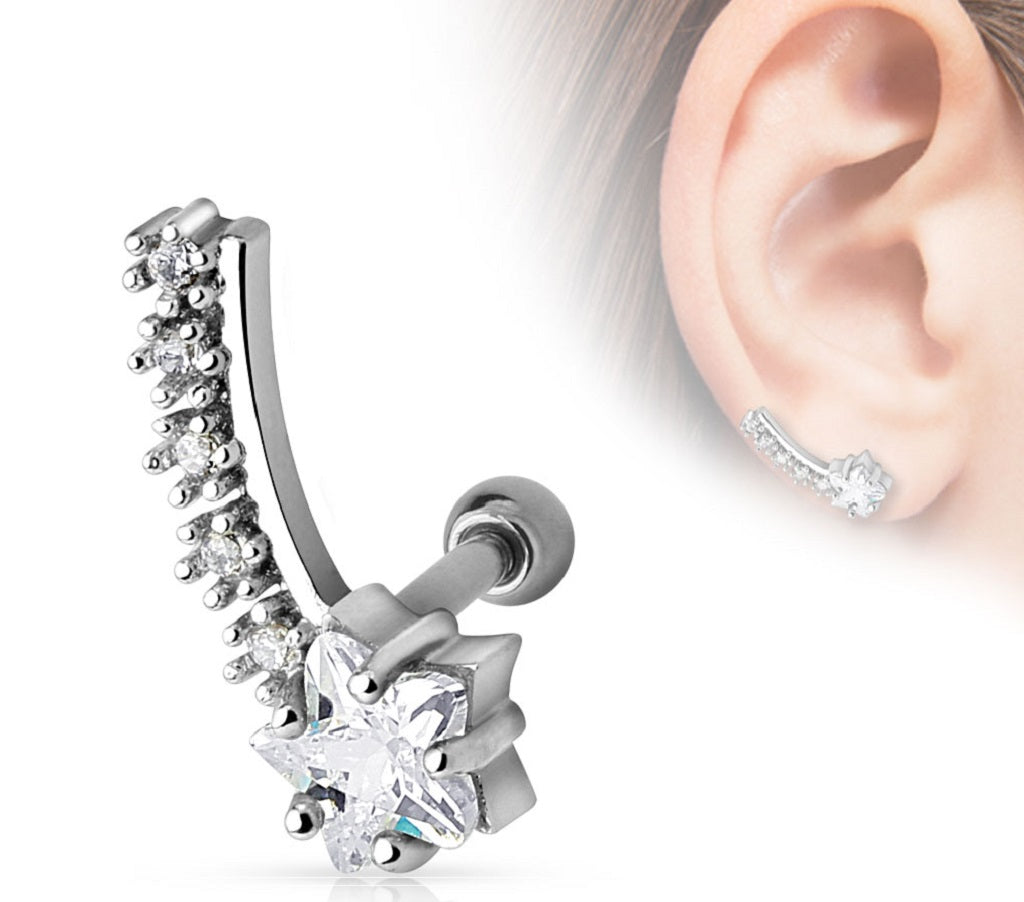 Tragus Star with CZ Trail Cartilage/Tragus Piercing Barbell Right Earring 1pc