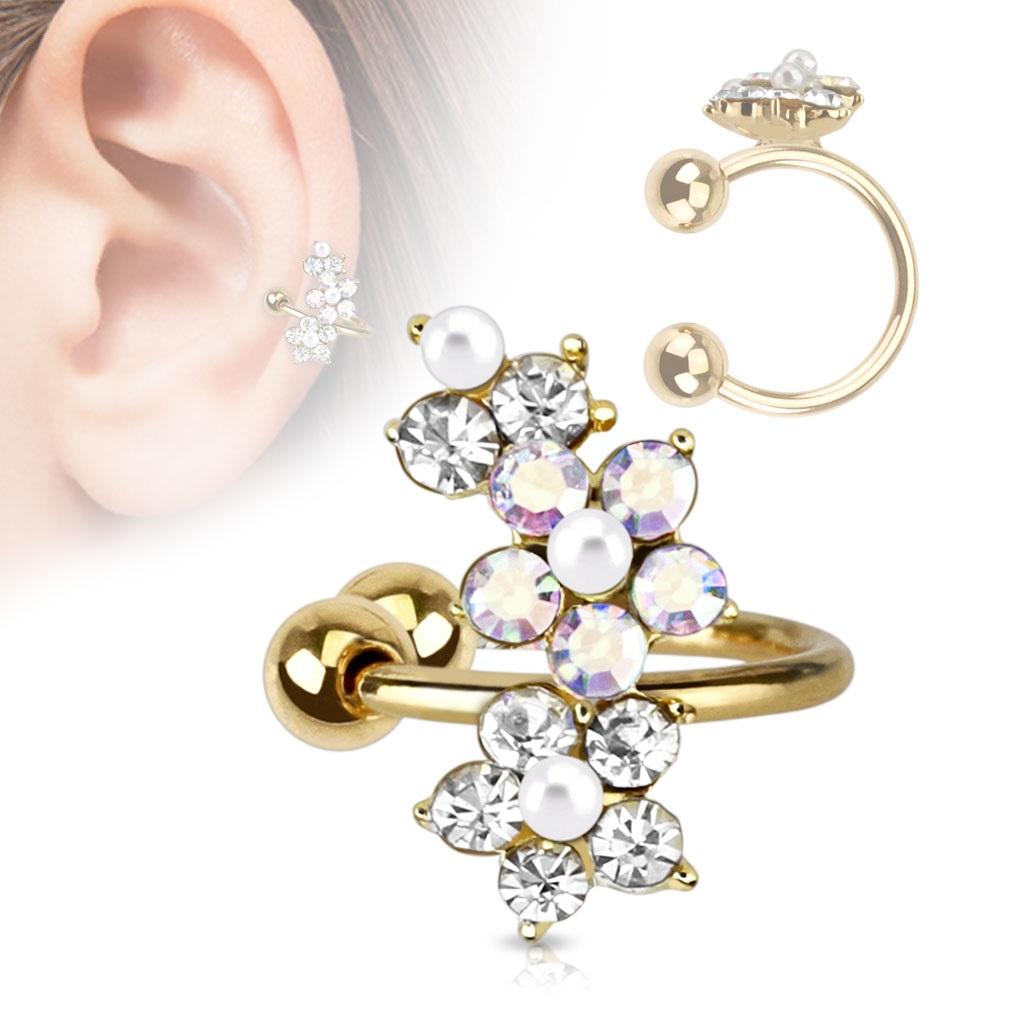 Earring Flower Gold IP Brass Non-Piercing Ear Faux Pearl Cuff CZ 1pc