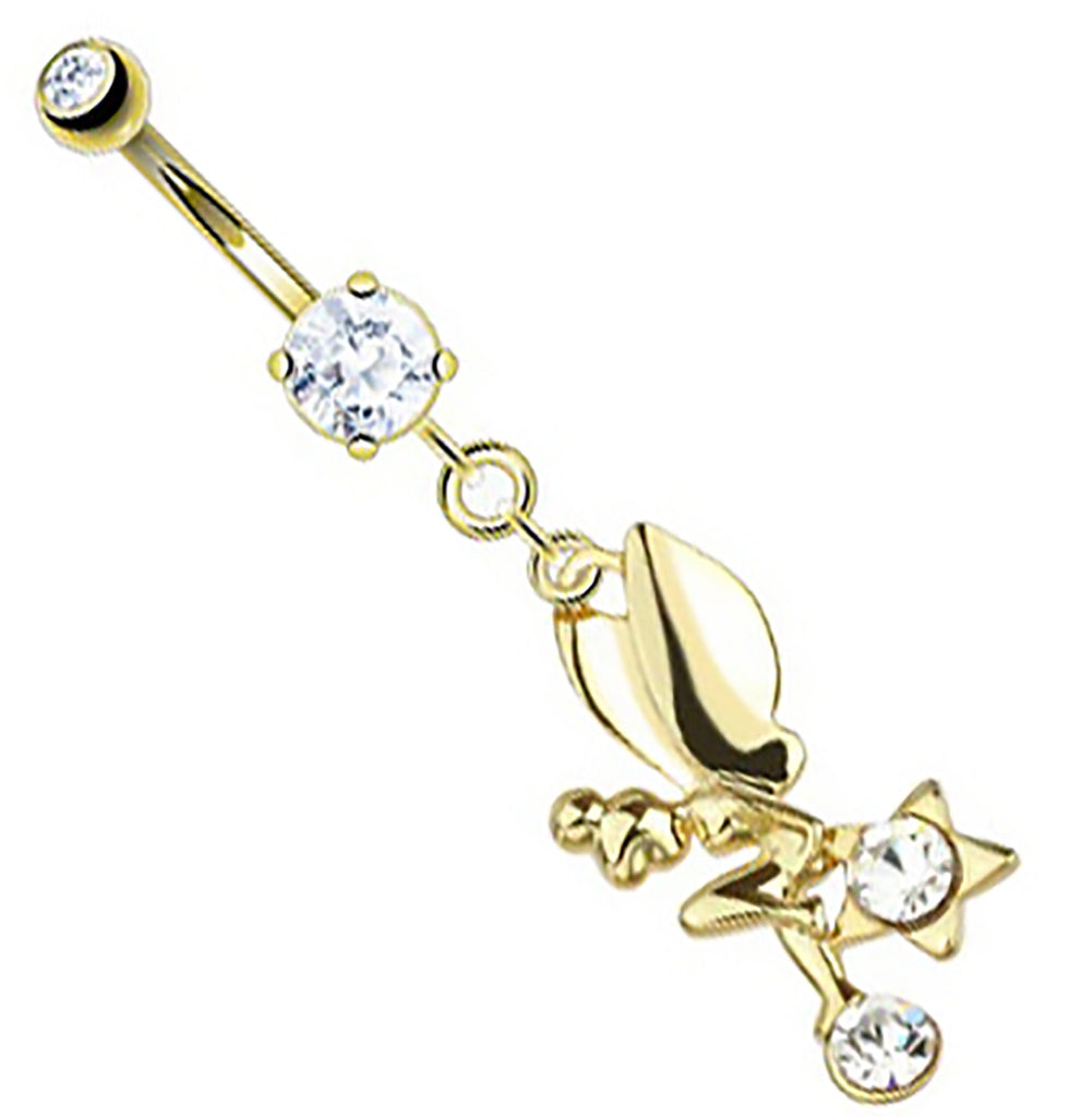 Belly Button Ring CZ Star Fairy Dangle 14kt Gold Plated Navel Ring