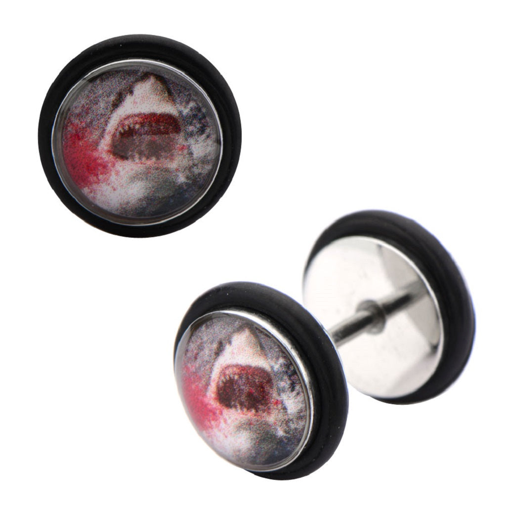 Ear plug jewelry Earrings 18g Steel Faux Plug Fierce Shark Logo Fronts. Sold as a Pair