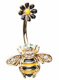 Belly Button Ring Golden Queen Bee Black Daisy Navel Ring 14 gauge 3/8'' bar