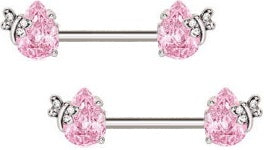 Nipple Ring Bar Shield 316L Stainless Steel Pink Teardrop Butterfly Nipple Bar Pair