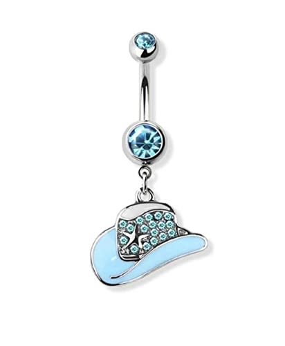 Belly Button Ring Gem Paved Cowboy Cowgirl Hat 316L surgical steel navel silver star