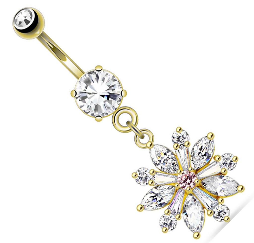 Belly Button Ring Flower Prong Setting CZ Petals Dangle Navel Ring 14 Gauge 3/8''