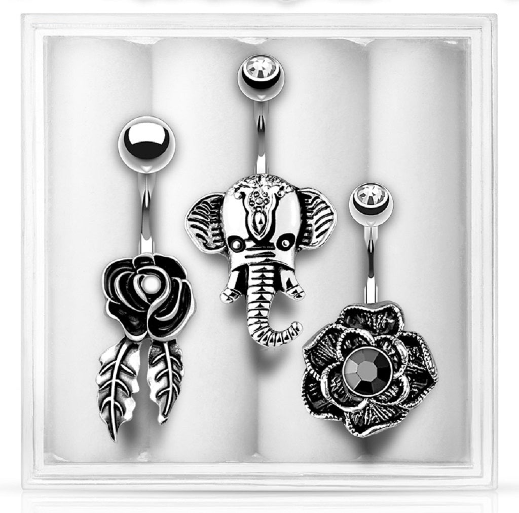 Body Accentz Belly Button Ring Navel Elephant Feather Flower 14 Gauge