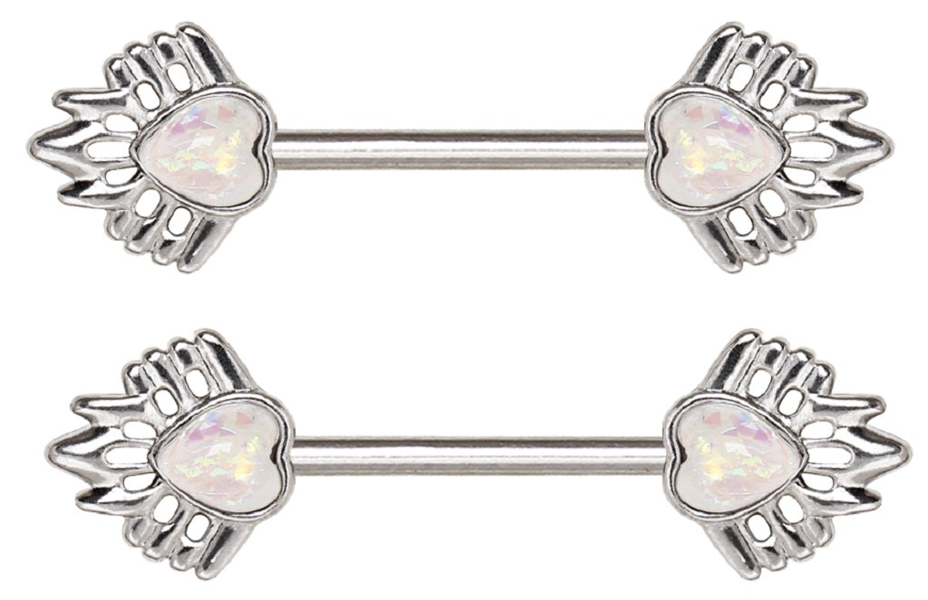 Nipple Ring Bars 316L Stainless Steel Decorative Synthetic Opal Heart Sold as pair