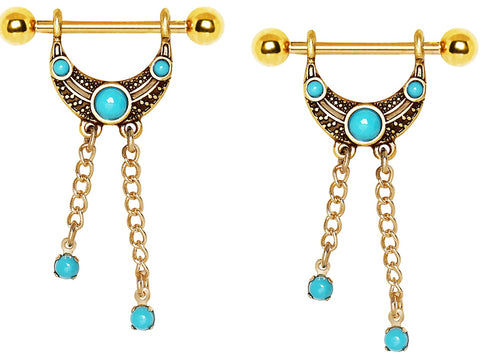 Nipple Ring Bars Gold Plated Turquoise Accented Tribal Nipple Shield Sold as pair