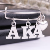 AKA Sorority Alpha Kappa Alpha Letter Charms Love Stainless Steel Bangle Jewelry Wire Bracelet Silver Tone