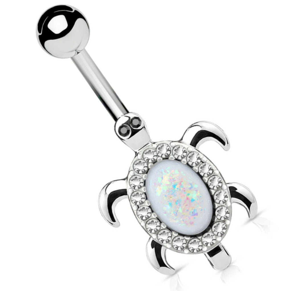 Belly Button Ring Navel Opal Glitter Center Crystal Paved Turtle 14 Gauge