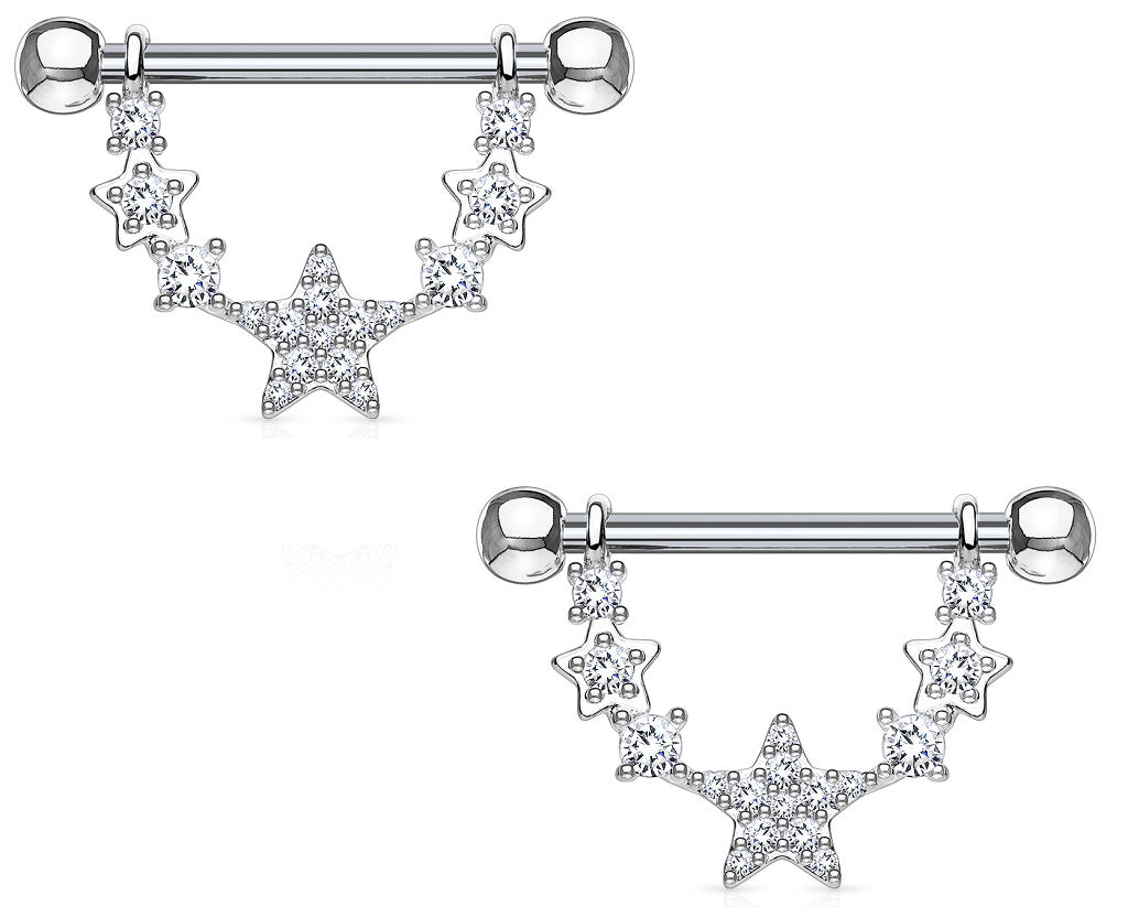 Nipple rings CZ Paved Linked Stars Dangle  316L Surgical Steel 14g