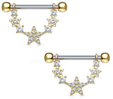 Nipple rings CZ Paved Linked Stars Dangle  316L Surgical Steel 14g