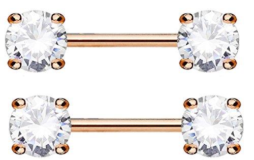 Body Accentz Nipple Ring Bars Surgical Steel Nipple Bar with Large 1/4'' CZ's 9/16'' bar (Rose Goldtone)