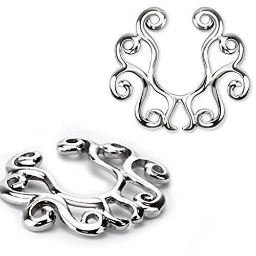 Vintage Tribal Floral Clip on Non-Pierce No Pierce Fake Nipple Ring - Silver Tone - Sold as a Pair