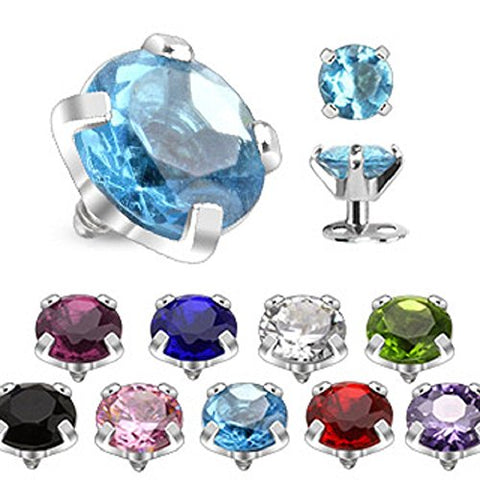 316L Surgical Steel Internally Threaded Prong Setting Round Gem Dermal Top Anchor 3mm 14g