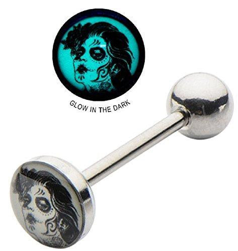 Tongue Ring 316L Surgical Steel Barbell 14g 5/8 8mm Glow In Dark Dead Maiden