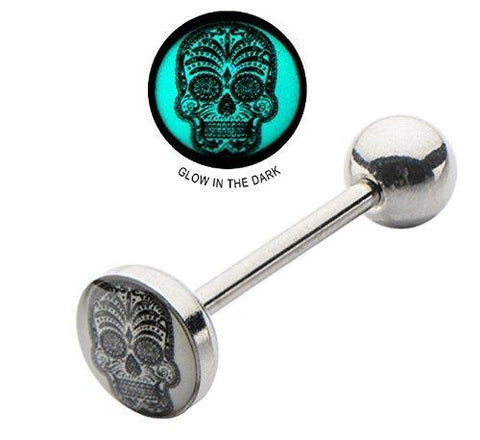 Tongue Ring 316L Surgical Steel Barbell 14g 5/8 8mm Glow in Dark Sugar Skull