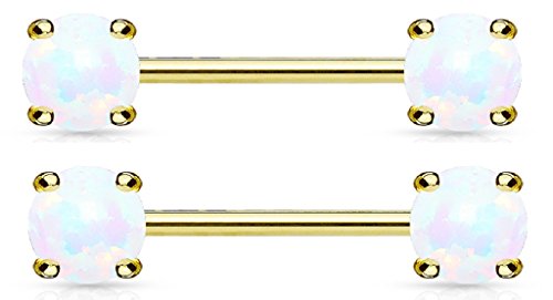 Nipple rings Opal Prong Set 14Kt. Gold Plated 316L Surgical Steel Barbells 9/16'' - white - white