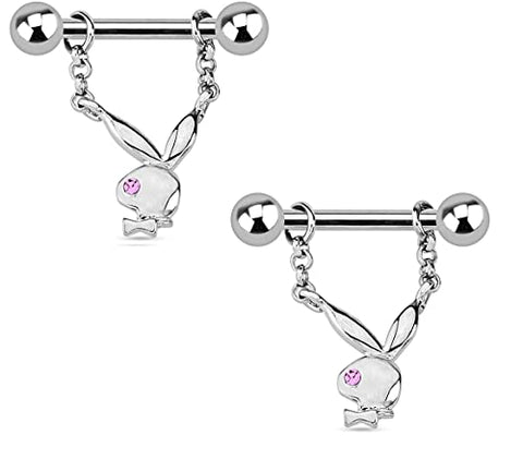 Playboy Bunny Single Gem Dangle 316L Surgical Steel Nipple Bar sold as a pair