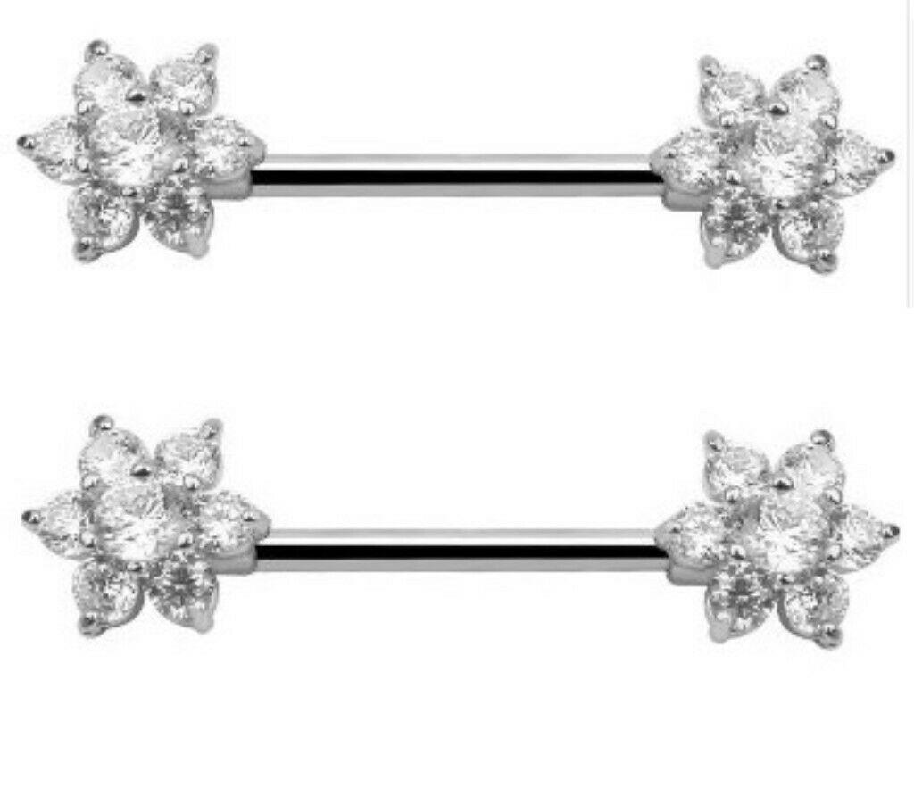 Pair of Multi CZ Flower Steel Nipple Piercing Rings Barbells - 14G 5/8''