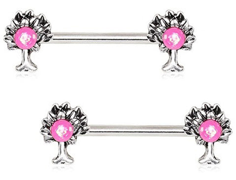 316L Stainless Steel Pink Synthetic Opal Tree of Life Family Nipple Bar 14g Pair