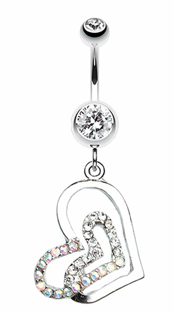 Twinkling Double Heart Belly Button Ring - 14 GA (1.6mm) 3/8''