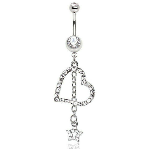 316L Surgical Steel Gemmed Heart Star Chain Dangle Navel14GA Belly Button Ring