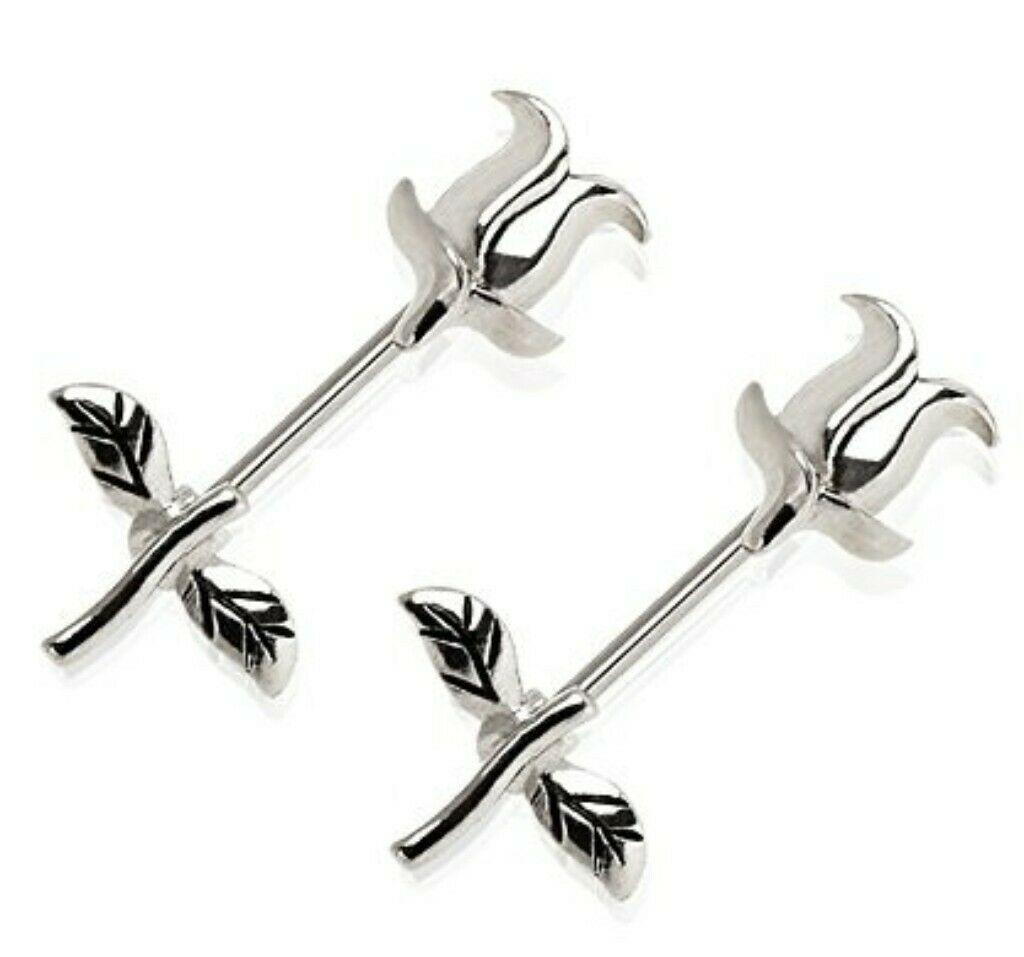 Tulip Flower 14g 5/8'' Nipple Bar Ring Barbells Sold as a Pair Long Stem bar leaf