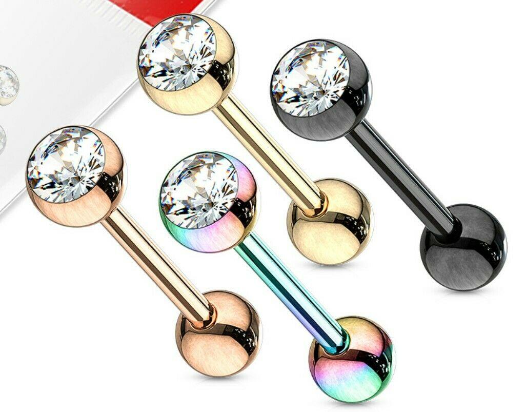 IP Over 316L Surgical Steel Tongue Bar Barbell Crystal Set Top Ball 4pc 14G 5/8