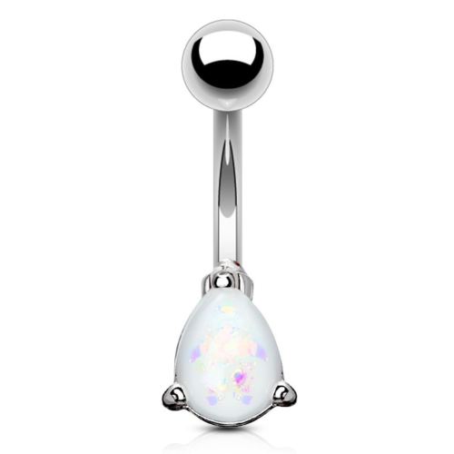 Belly Button Ring 14g Opal Glitter Tear Drop Prong Set 316L Surgical Steel Navel [white]