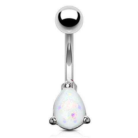 Belly Button Ring 14g Opal Glitter Tear Drop Prong Set 316L Surgical Steel Navel [white]