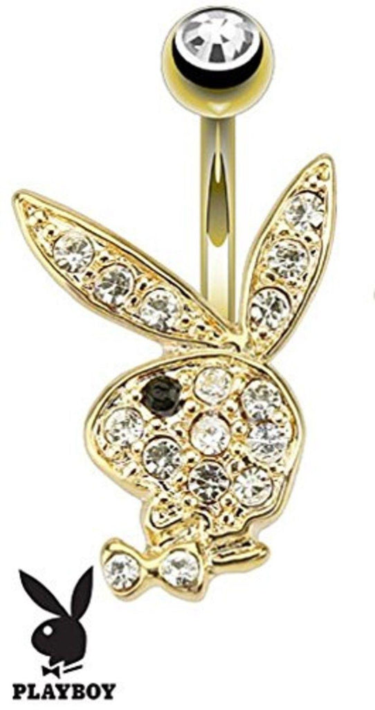 Multi Paved Gems on Playboy Bunny 14kt Gold Plated Navel Ring Belly Button Ring