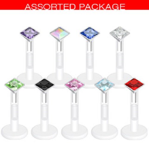 Square Diamond Cut 1/4" Press-Fit CZ Gem Bio-Flex Shaft Labret Monroe body jewelry piercing lip chin tragus