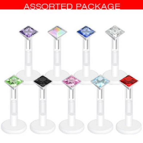 Square Diamond Cut 1/4" Press-Fit CZ Gem Bio-Flex Shaft Labret Monroe body jewelry piercing lip chin tragus