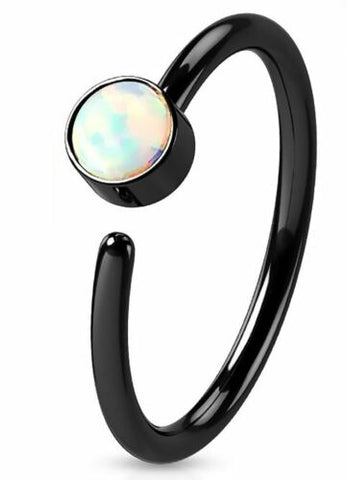 Nose Ring 20g 6mm White Opal Set IP Plating over 316L Surgical Steel Nose Hoop [Black] - Black