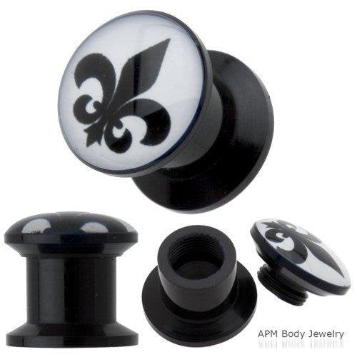 Earrings Black Acrylic Fleur de Lis Stash Screw Plug 4 gauge - Sold as pair